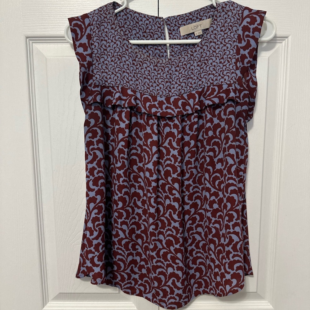 LOFT Burgundy and Light Blue Ruffle-Yoke Sleeveless Blouse